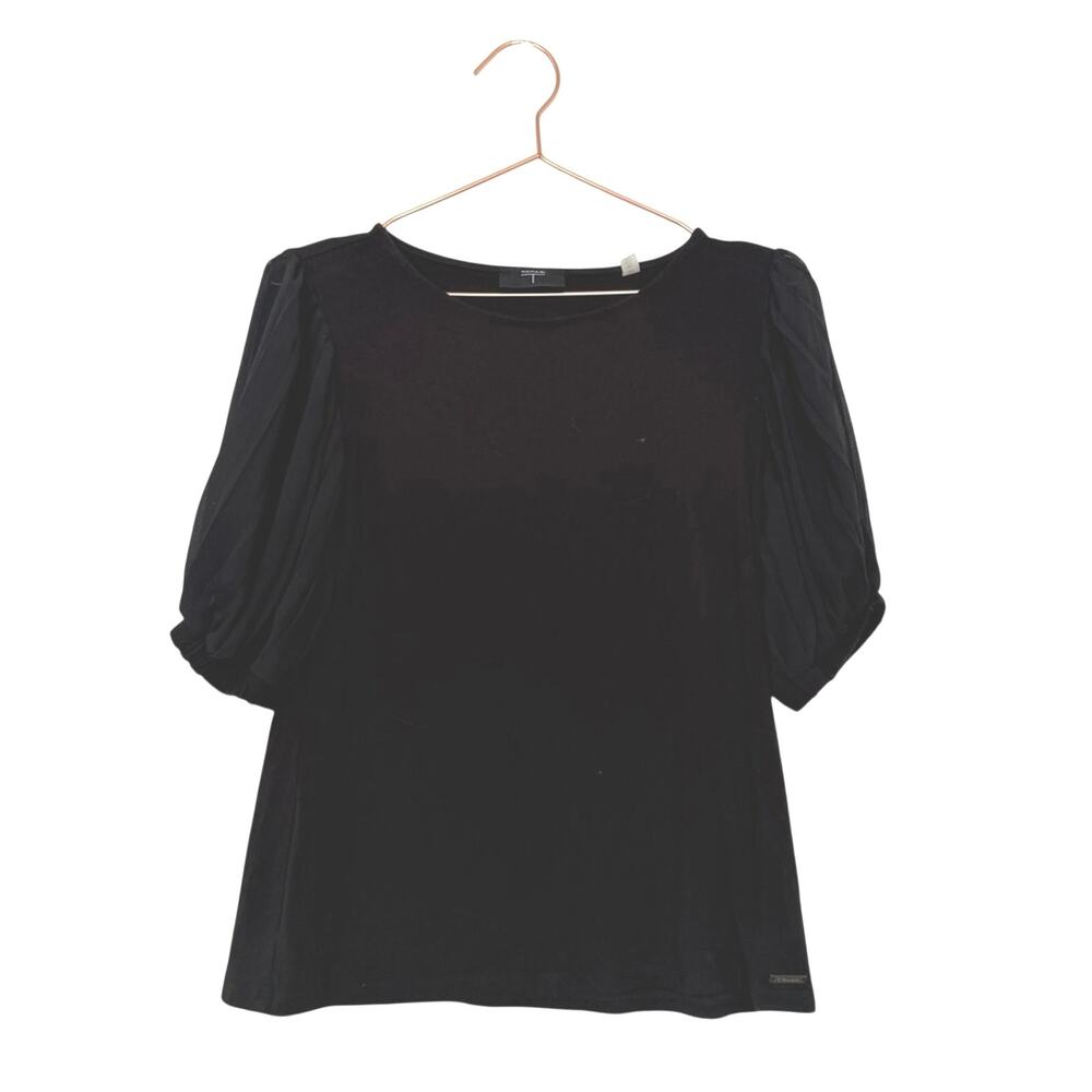 Tahari Black Puff semi sheer Sleeve Blouse